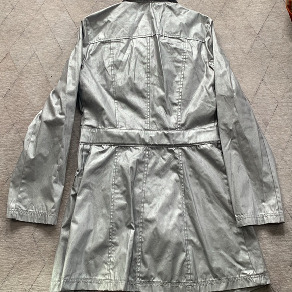 Tally Weir Y2K Metallic Silver Chrome Zip up Trench Coat with a waist tie - Picture 6 of 12